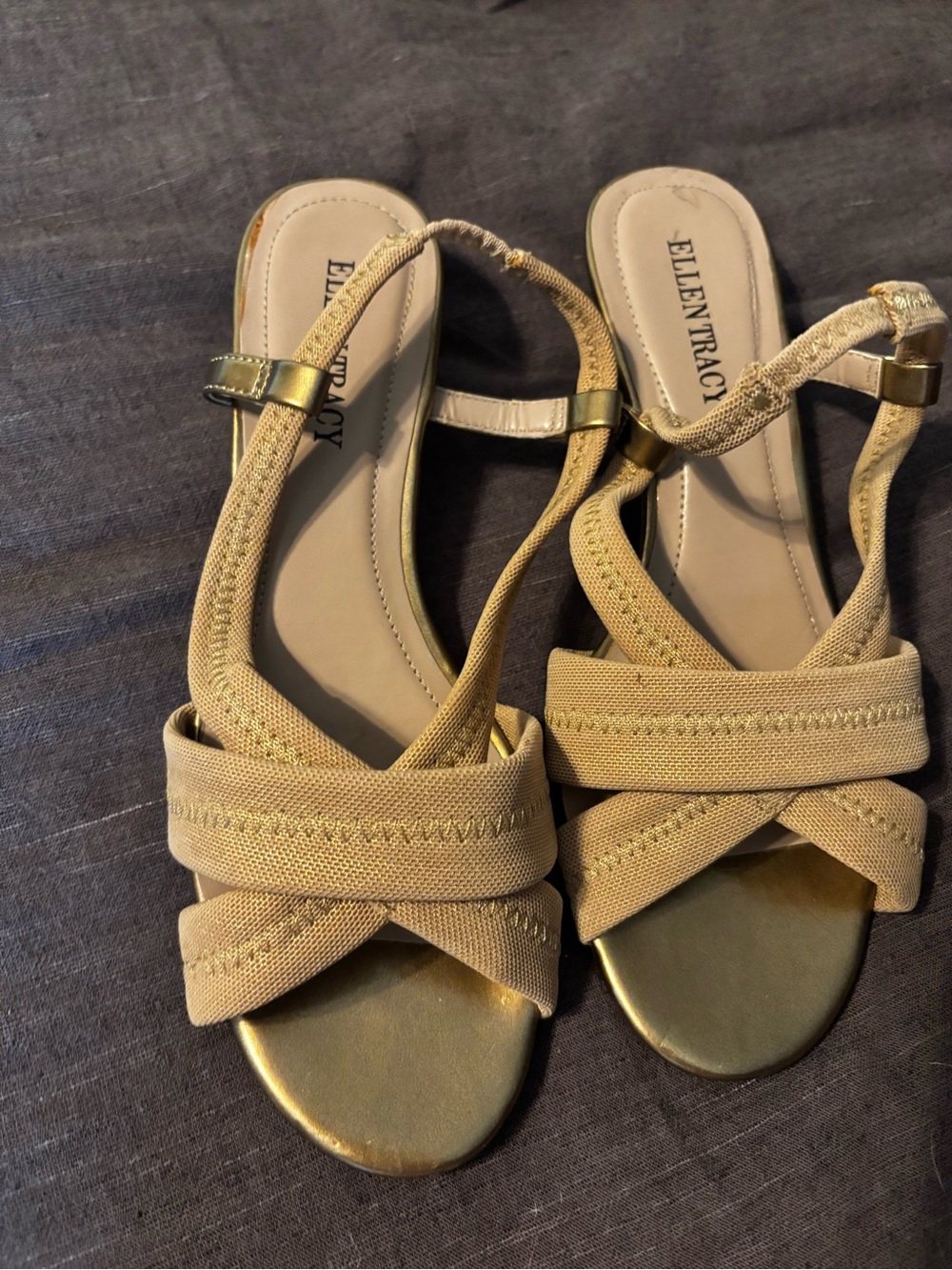 Ellen Tracy Tan Canvas Gold Cross Strap Slingback Sandal Size 7/7.5 EUC